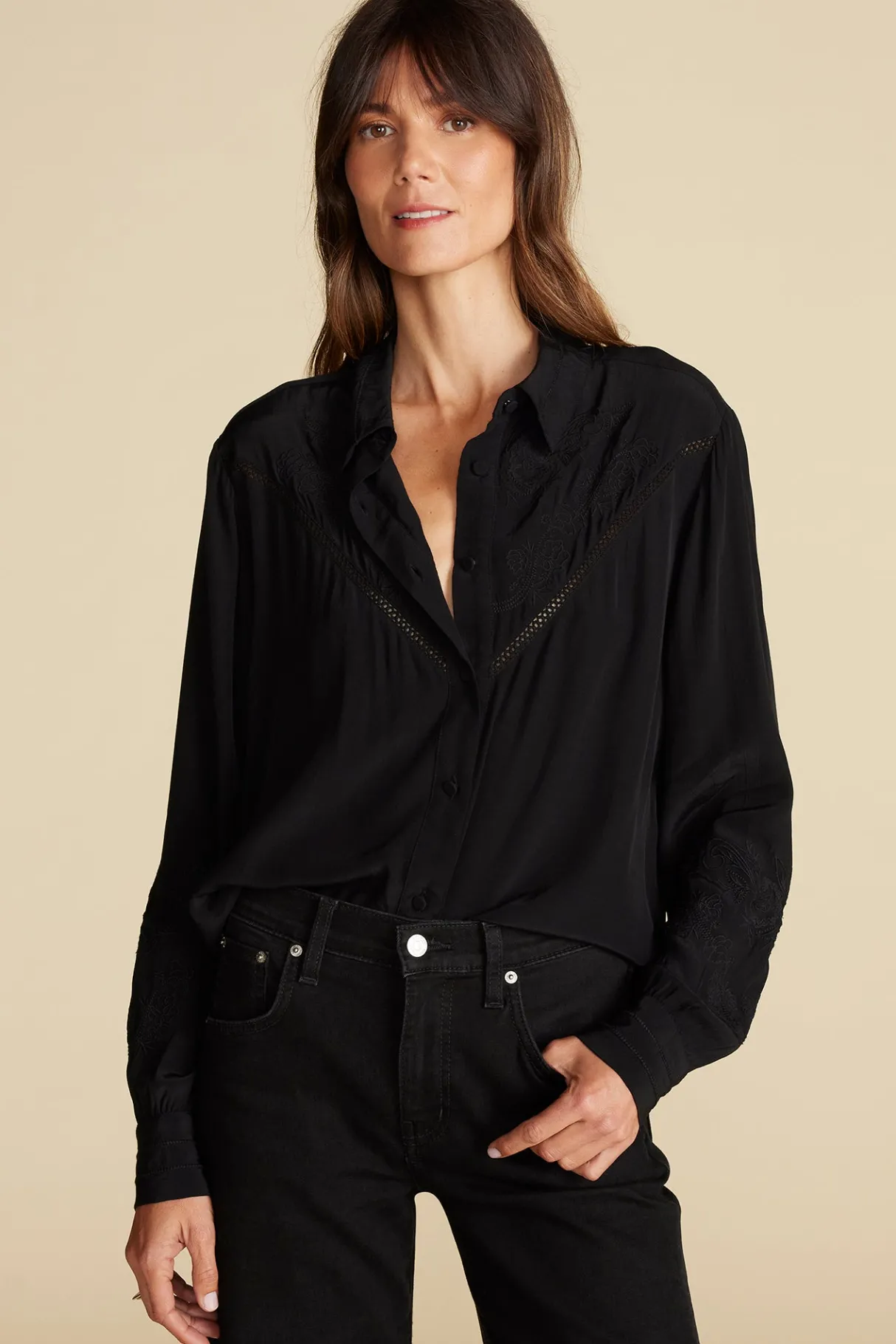 Amour Vert Melisande Embroidered Crepe Blouse Black Best