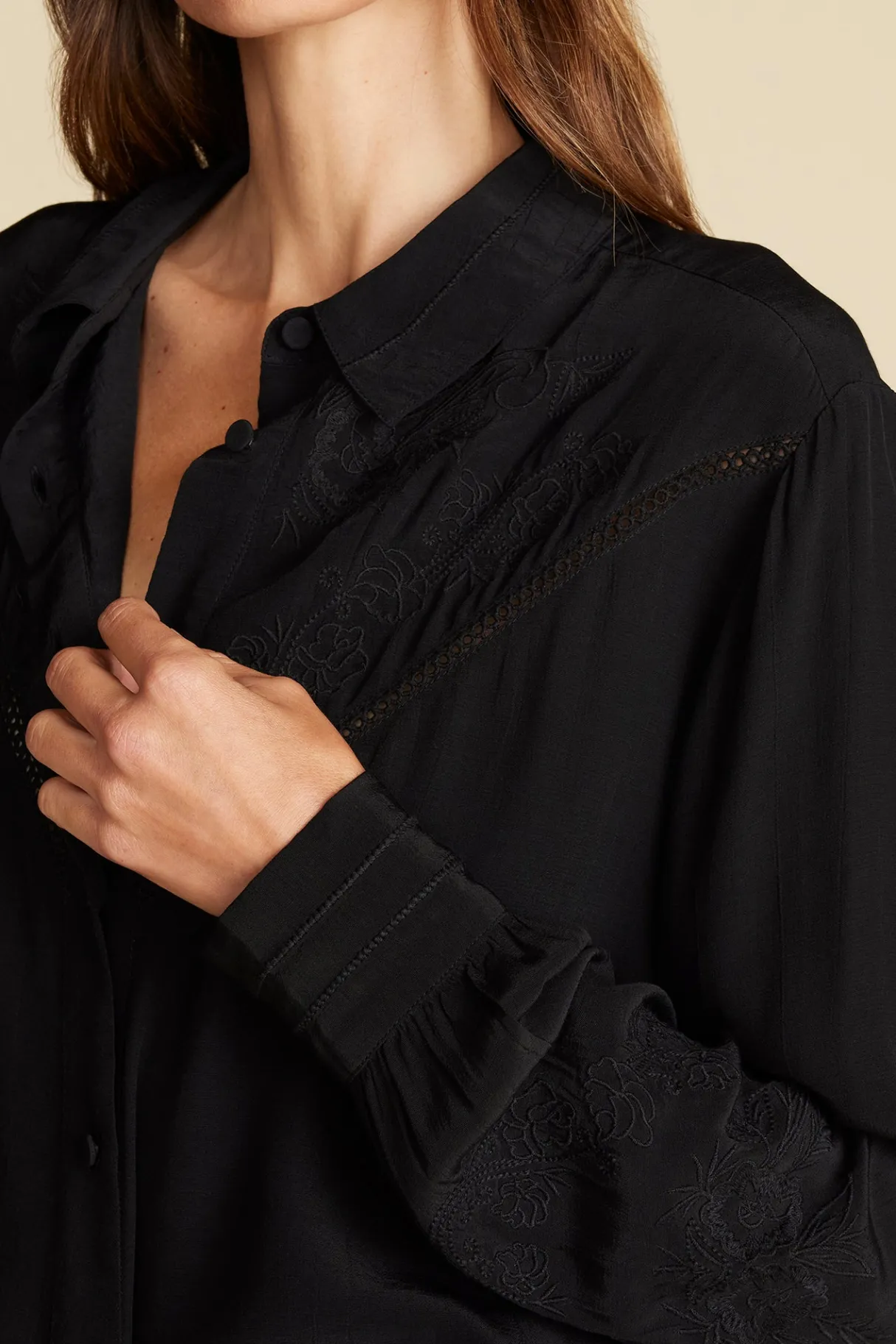 Amour Vert Melisande Embroidered Crepe Blouse Black Best