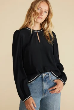 Amour Vert Minna Viscose Crepe Blouse BlackwithWhiteTrim Hot