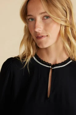 Amour Vert Minna Viscose Crepe Blouse BlackwithWhiteTrim Hot