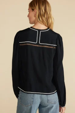 Amour Vert Minna Viscose Crepe Blouse BlackwithWhiteTrim Hot