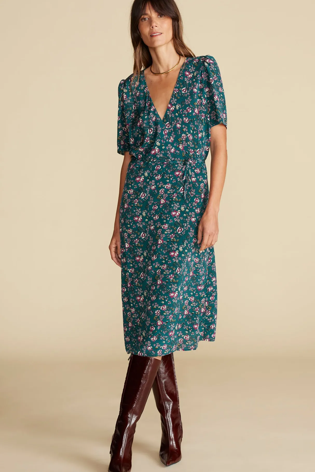 Amour Vert Nicolette Washable Silk Dress ChloeGreenFloralPrint Clearance