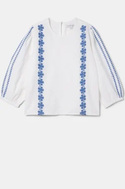 Amour Vert Placed Embroidery Blouse WhiteCobaltEmbroidery New