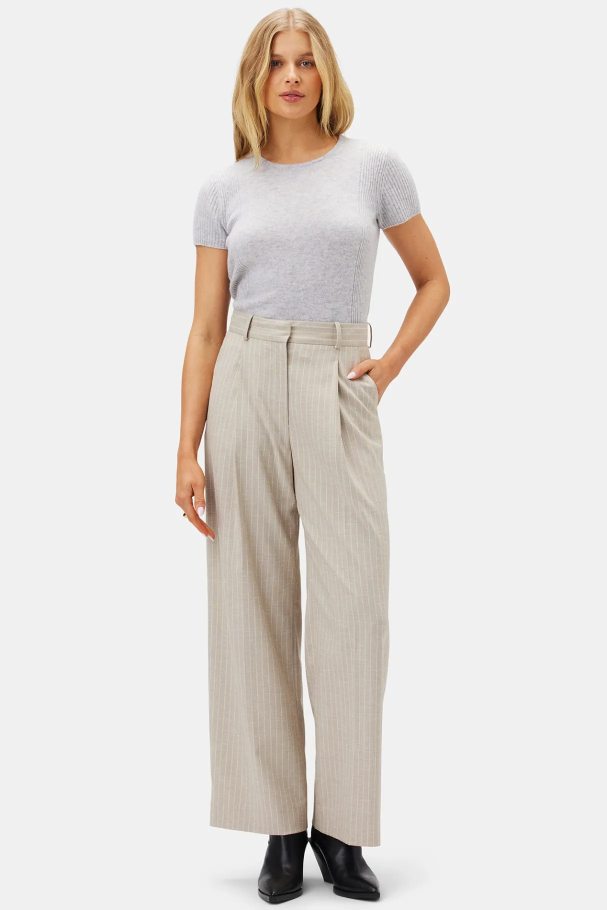 Amour Vert Pleated Wide Leg Trouser SanDiegoStripeNatural Clearance