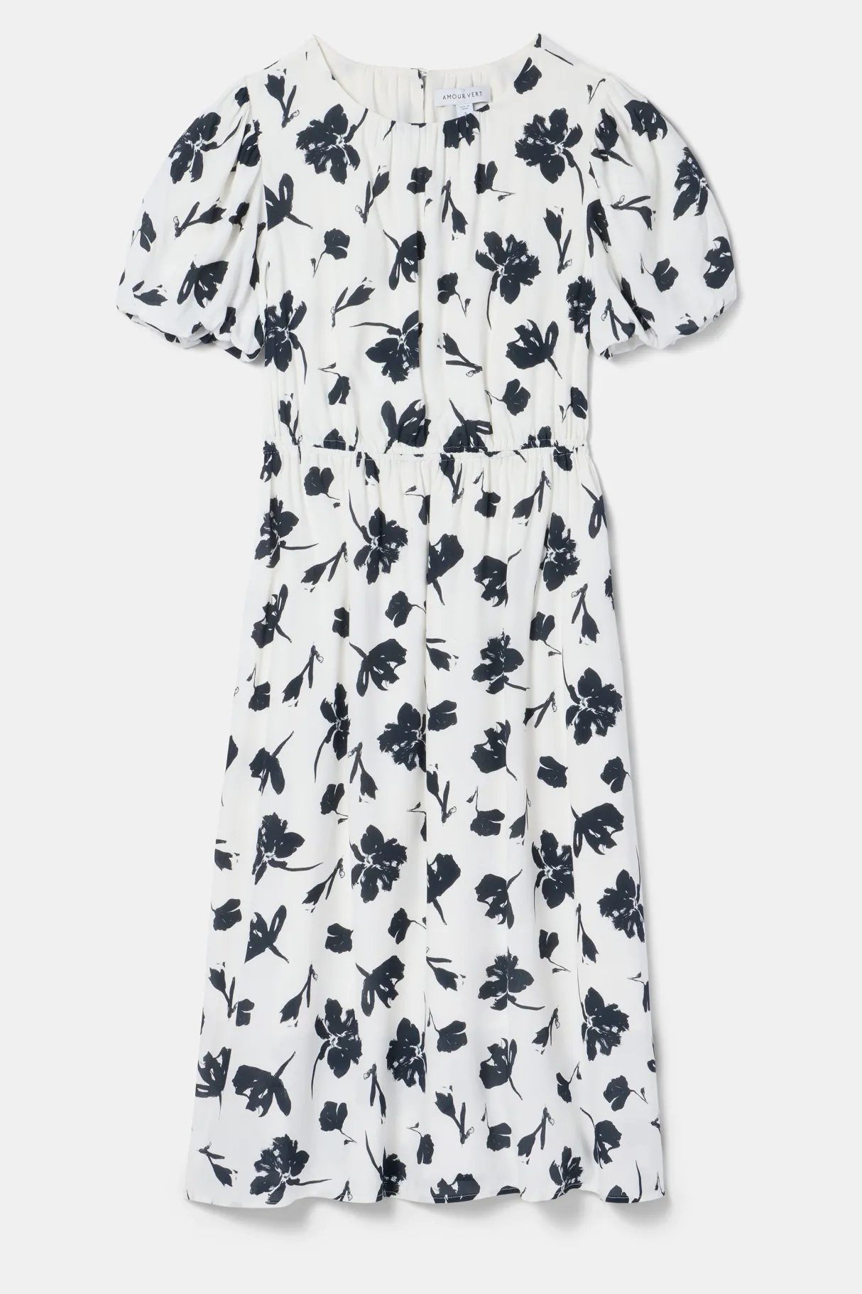 Amour Vert Puff Sleeve Crepe Dress AixWhite New