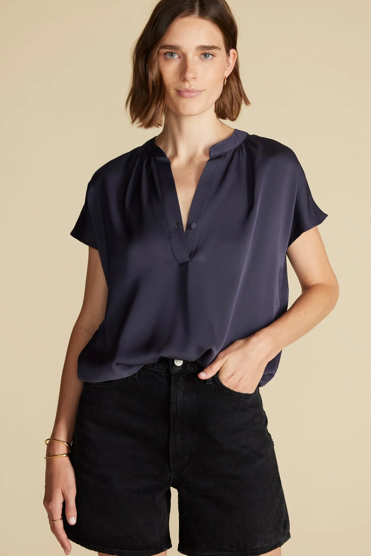 Amour Vert Renata Stretch Silk Blouse NightSkyBlue Discount