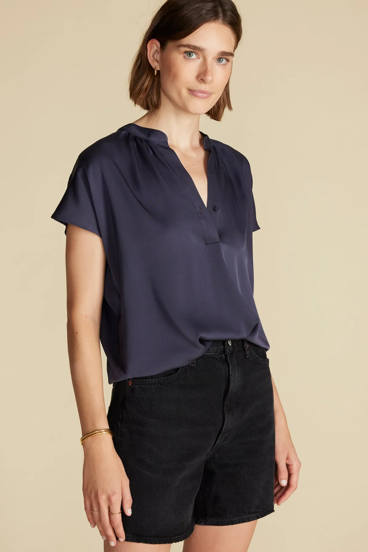 Amour Vert Renata Stretch Silk Blouse NightSkyBlue Discount