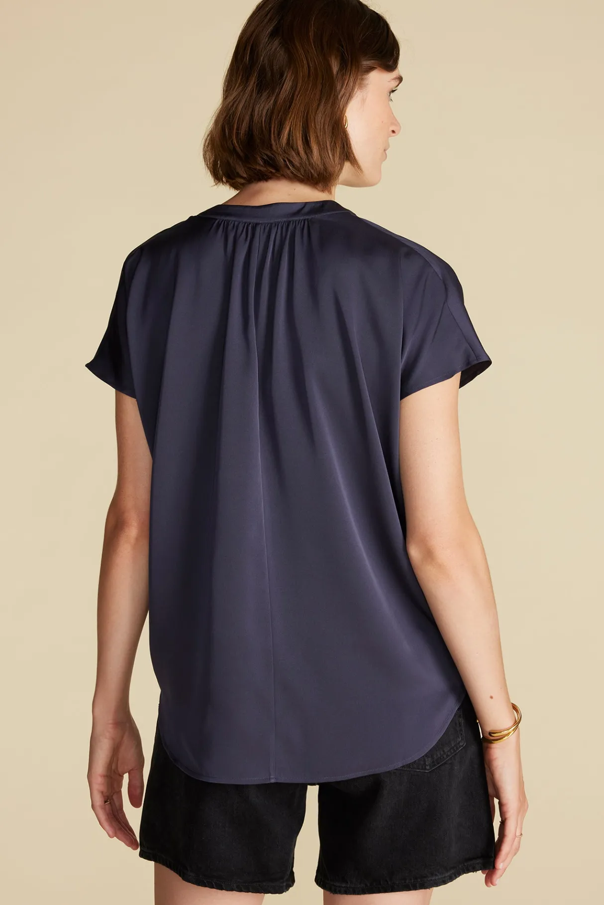 Amour Vert Renata Stretch Silk Blouse NightSkyBlue Discount