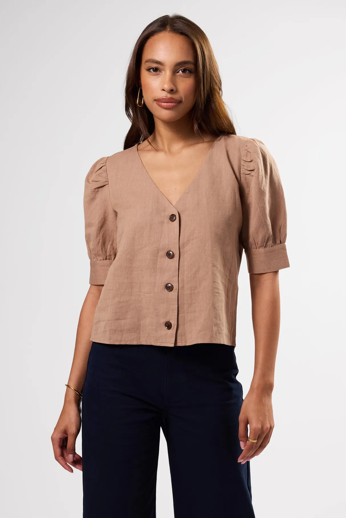 Amour Vert V Neck Cuff Sleeved Blouse Sand New