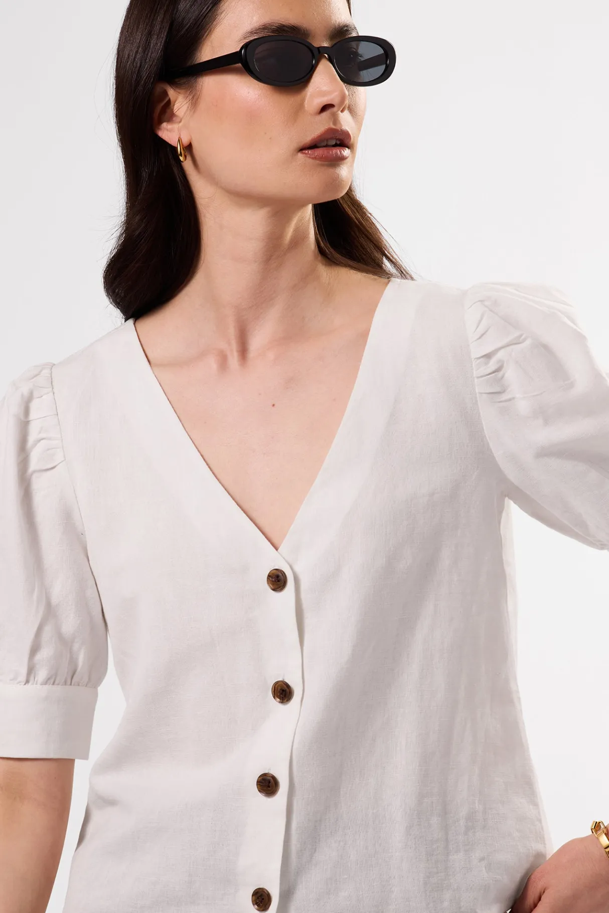 Amour Vert V Neck Cuff Sleeved Blouse White New