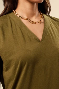 Amour Vert V Neck Solid Tee OliveGreen Hot